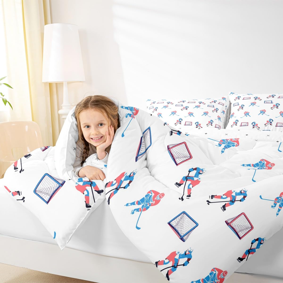 Manfei Hockey Players Kids Comforter Set Queen Size, Bedding Set,Girls Boys Room Decor,Winter Sports Games Quilt Comforter,White Blue Duvet Set Bedroom Quilt Set,2 Pillowcases