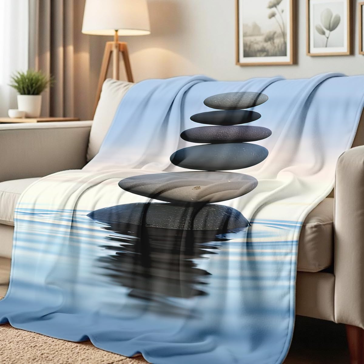 HUNXIAOJ Zen Stone Print Blanket Throw Soft Spa Zen Flannel Blanket for Home Bedding Couch Bed Yoga Room Meditation Decor Gifts (49"x59")
