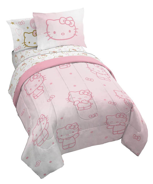 Jay Franco Hello Kitty Twin Comforter Set, 5 Piece Bed in a Bag - Kawaii Pink Bedding Set with Comforter, Sheets and Sham, Soft Brushed Microfiber, Machine Washable, Cute Bedroom Decor