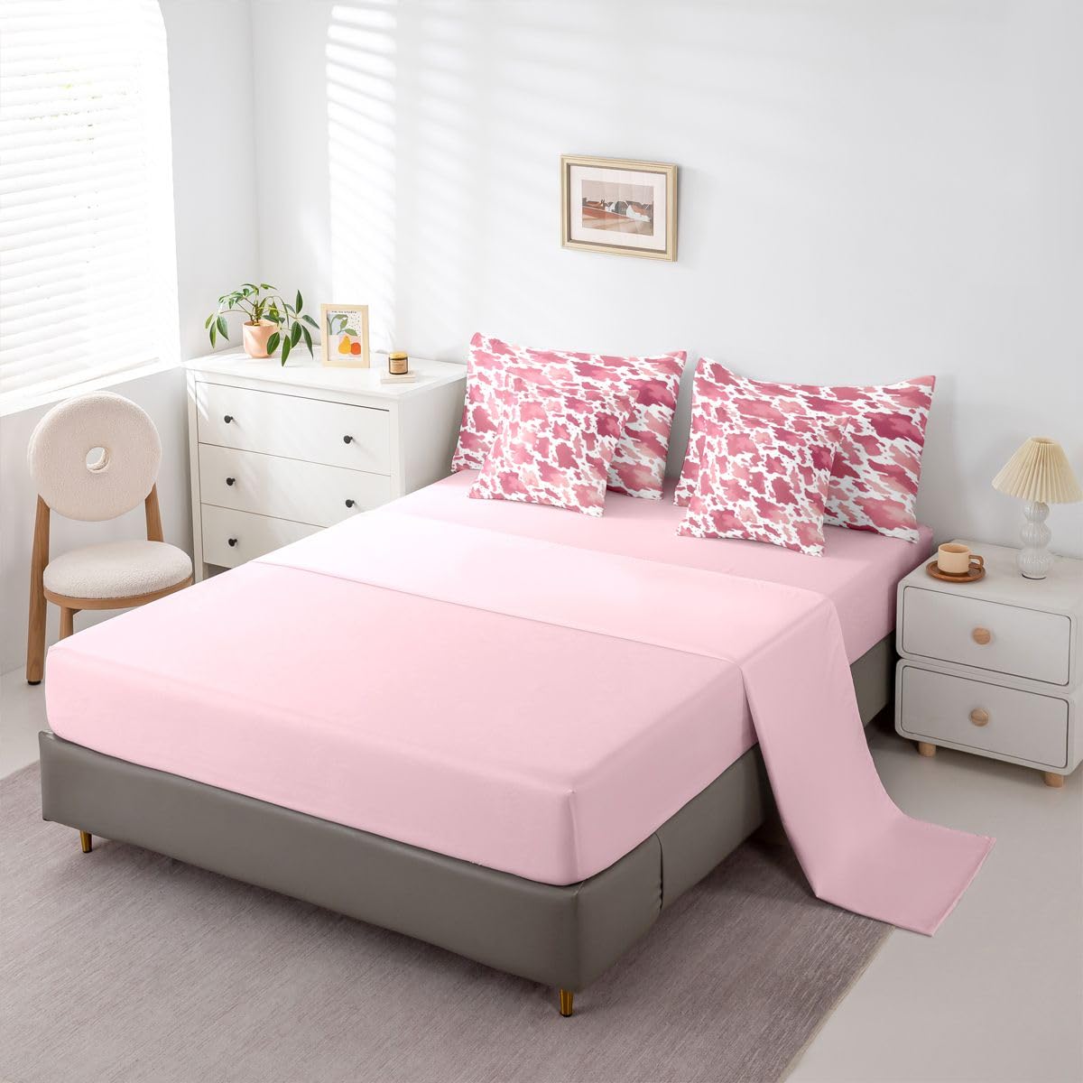Erosebridal Cow 7 Piece Bedding Set Full Cowhide Print Comforter Set with Sheets Animal Fur Pattern Western Watercolors Bed in a Bag Cowboy Farmhouse Pink White for Kids Boys Girls
