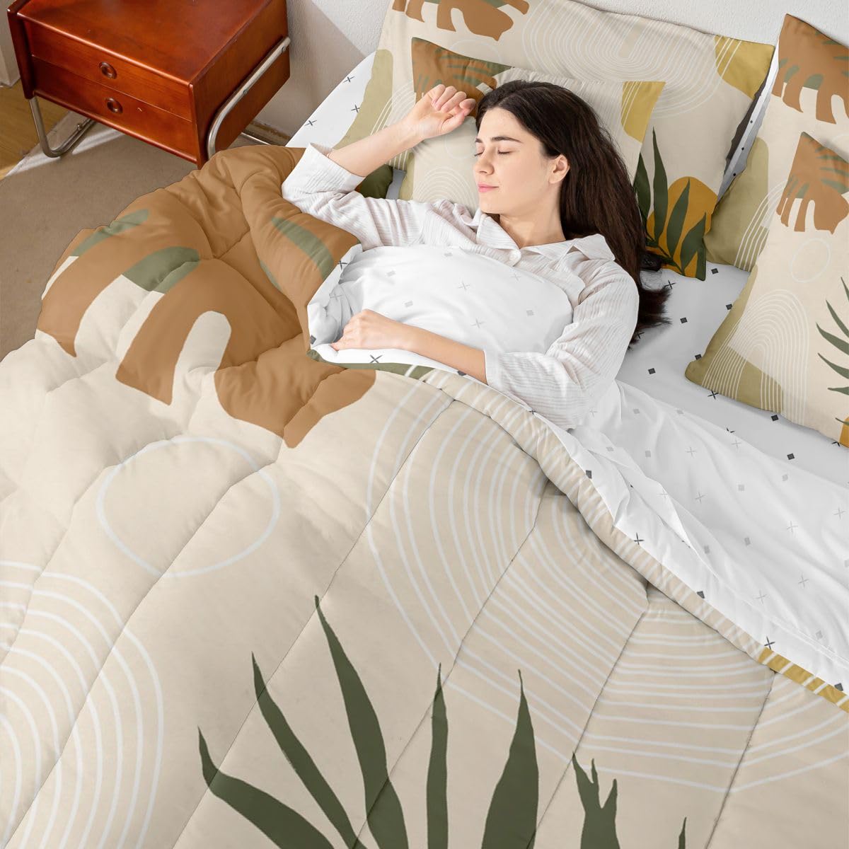 Erosebridal Beige Green Boho Full 7 Pieces Bedding Set, Mid Century Abstract Simple Comforter Set with Sheets, Modern Minimalist Arch Geometric Bed Sets, Tropical Palm Leaf Aesthetic Bed in A Bag