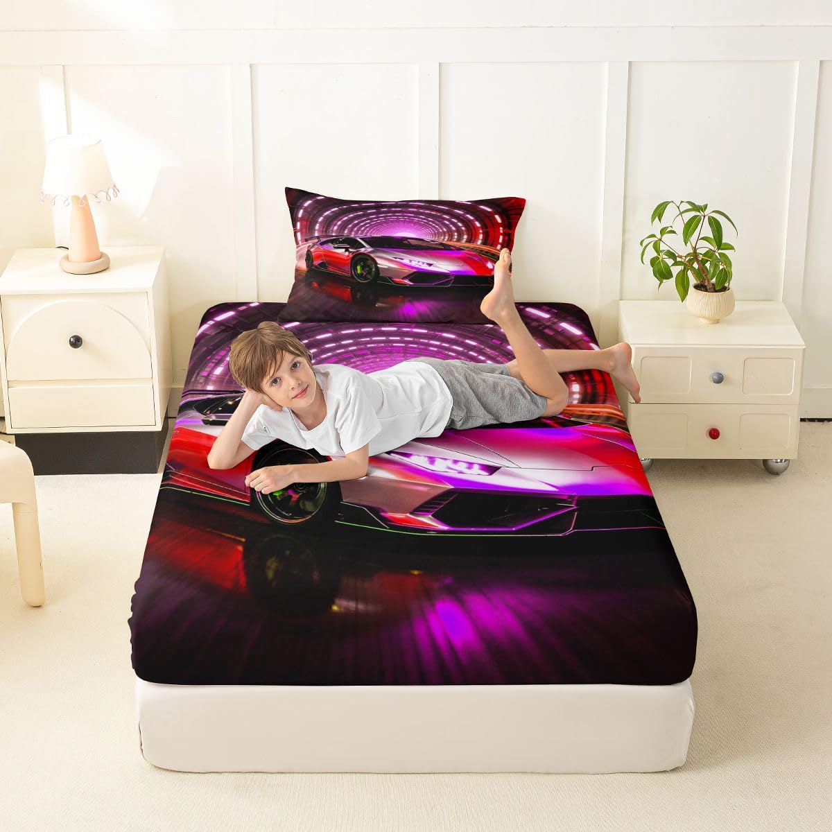 Feelyou Boys Sports Car Fitted Sheet with 1 Pillowcase Twin Size Pink Racing Car Bed Sheets Set 16" Deep Pocket Boys Girls Extreme Sports Bedding Teens Bedroom Decor Breathable Soft Lightweight