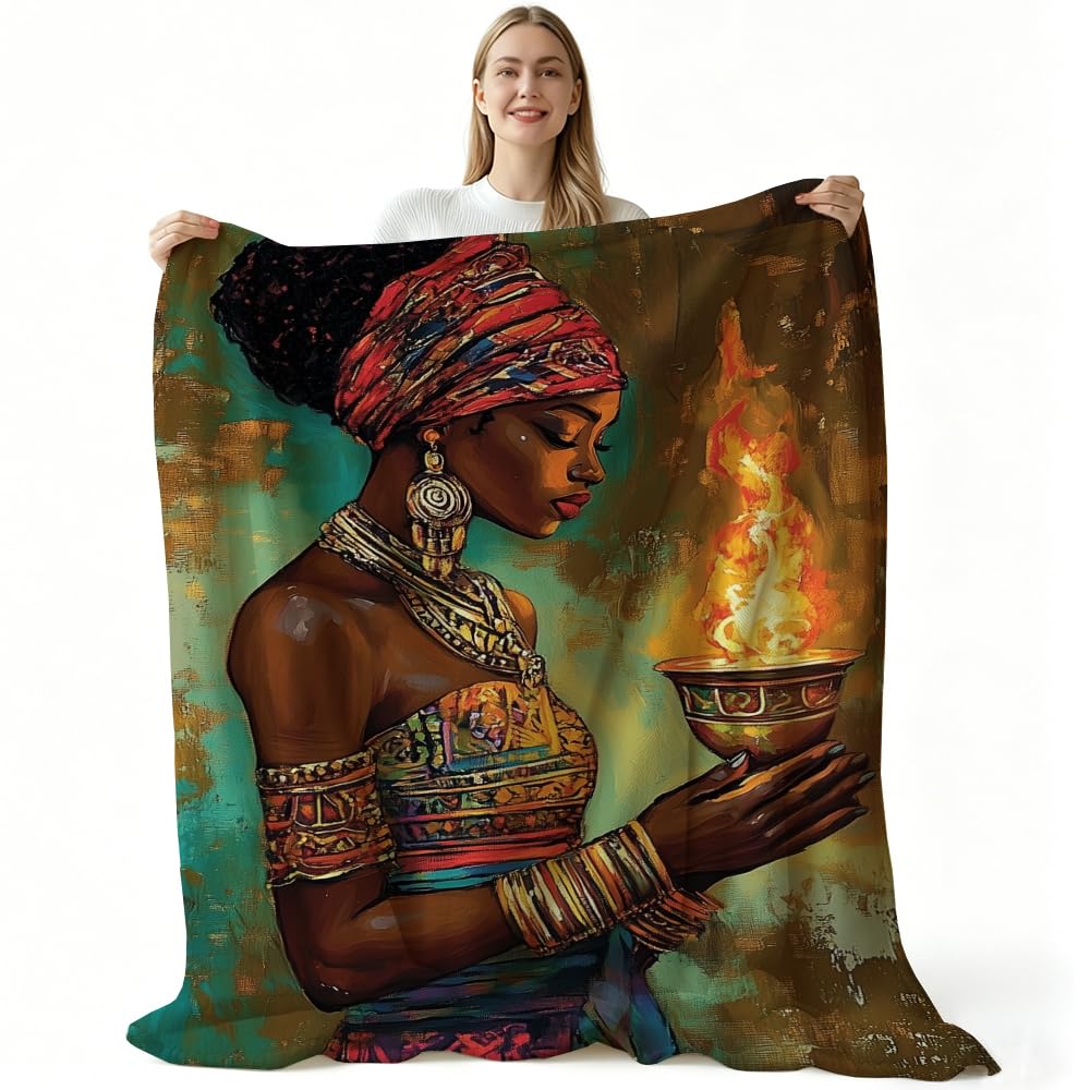 HUNXIAOJ African American Throw Blanket Black Girl Blanket African Gifts for Women Tribal Bedding Ethnic Decor Warm Soft Flannel for Sofa Couch (49in x 59in)