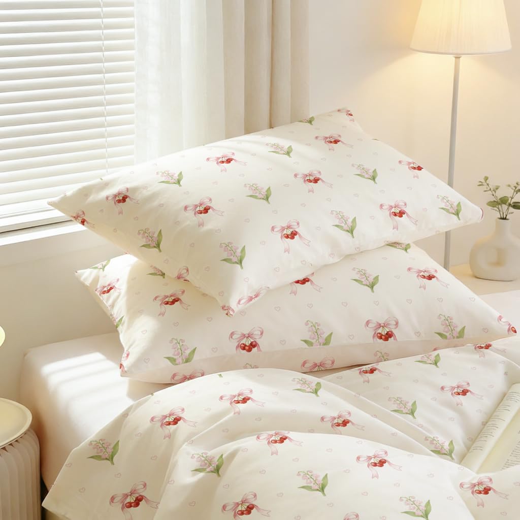 Pink Duvet Cover Queen Size Floral Bow Cherry Printed on White Duvet Cover Set Love Pattern Bowknot Heart Spring Romantic Green Botanical Princess Kawaii Soft Microfiber Bedding Set Kids Boys Girls
