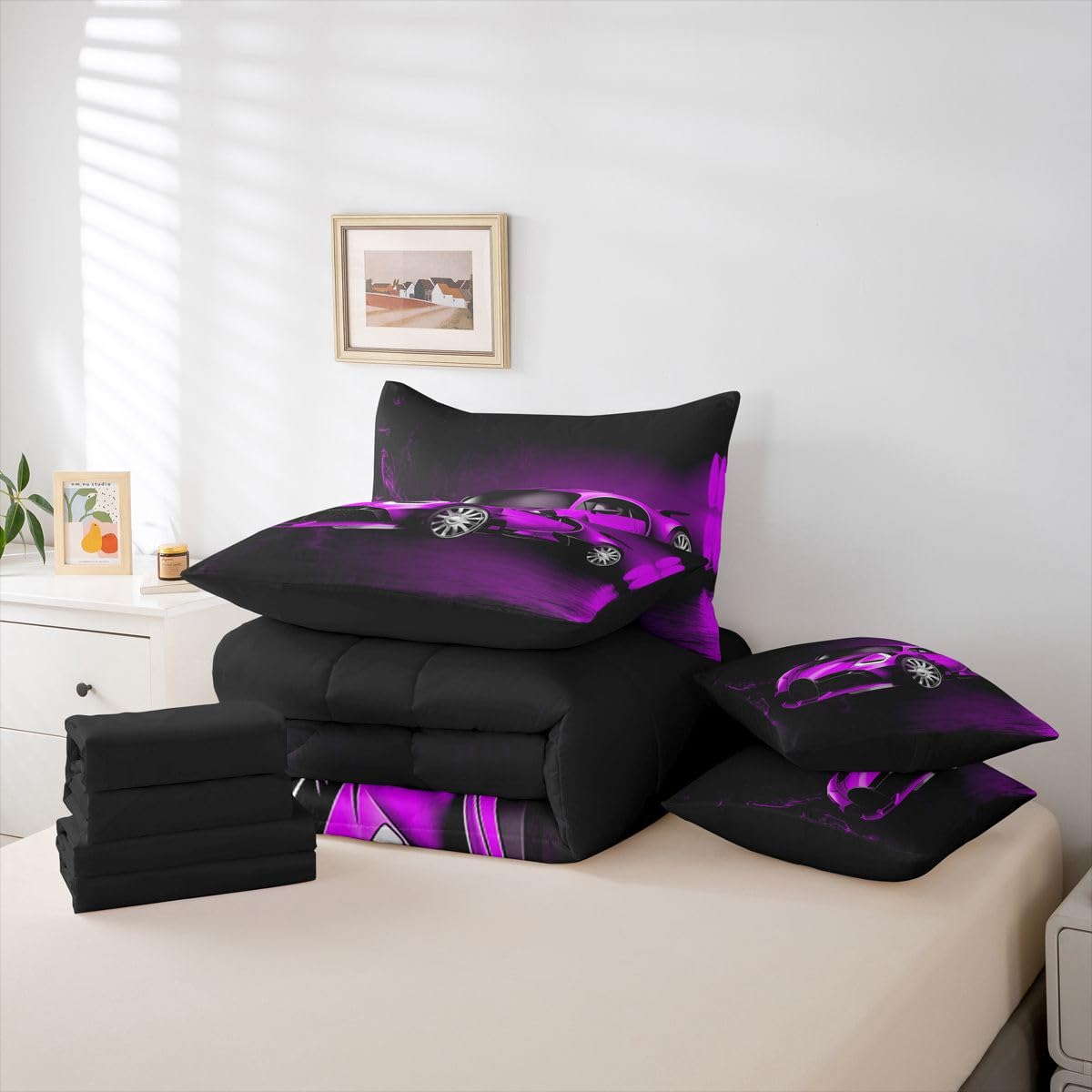 Feelyou Sports Car 7 Piece Bedding Set Purple Race Car Comforter Set with Sheets for Kids Boys Girls Extreme Sports Bed in a Bag Cool Speed Luxury Car Decor Quilt with 2 Pillowcases Queen