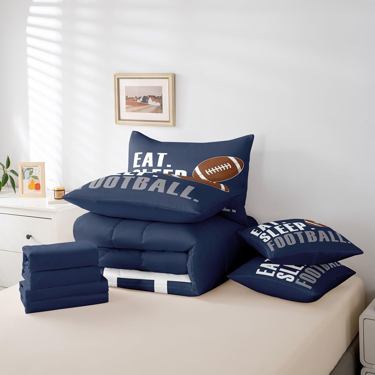 Feelyou Boys Football Comforter Set 7 Pieces Twin Size American Sports Bedding Set for Kids Adults Navy Blue Rugby Bed in a Bag Ball Games Room Decor Football Player Gift
