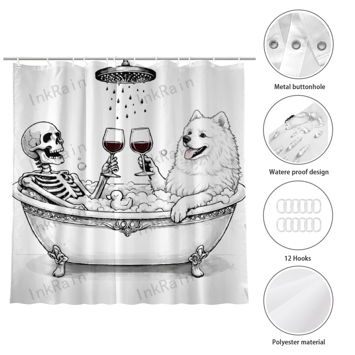 InkRain Gothic Skeleton and Samoyed Shower Curtain Funny Bathtub Wine Art Bathroom Decor Waterproof 72x72 Inch with 12 Hooks Halloween Farmhouse Bath Curtain