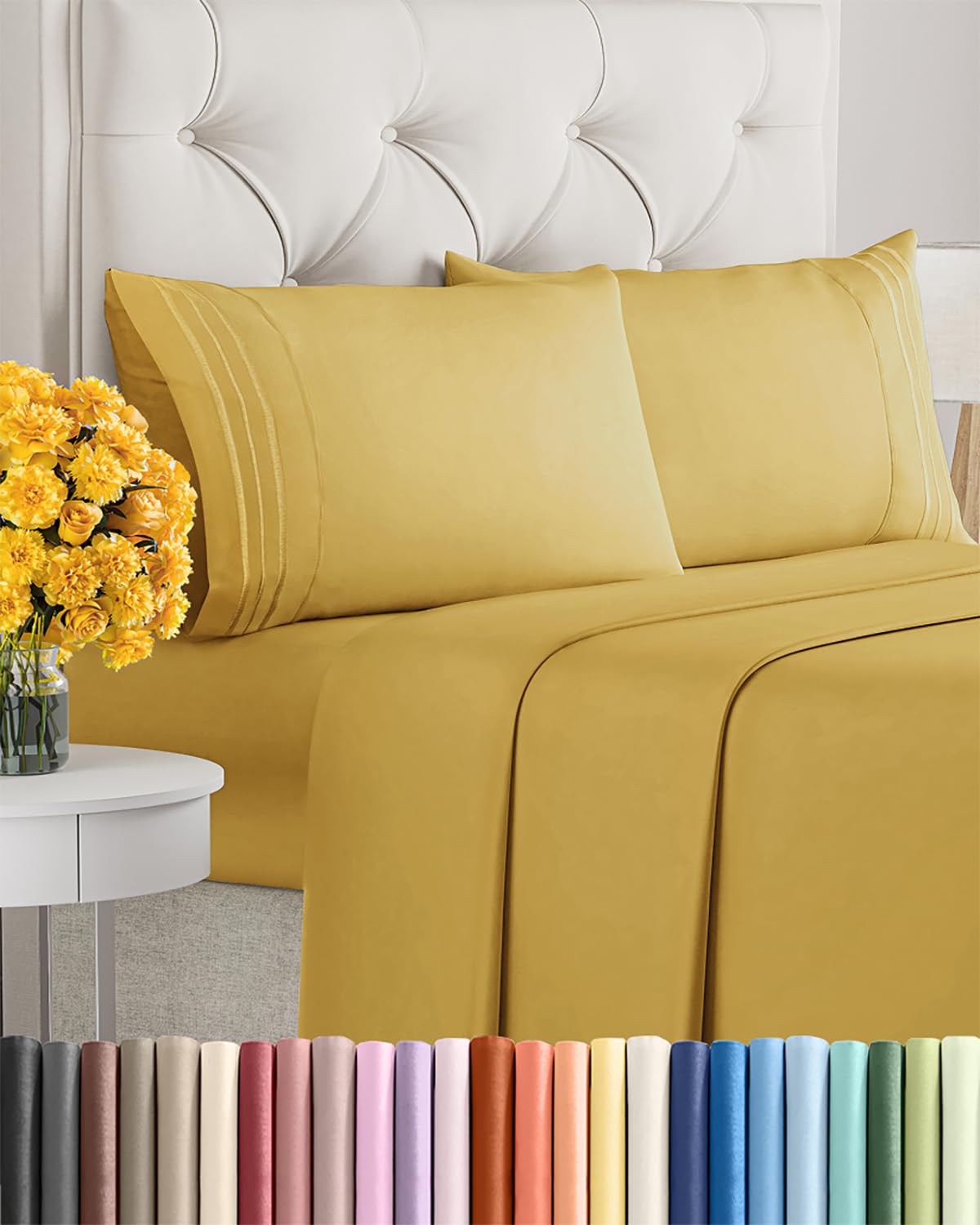 Queen Size 4 Piece Sheet Set - Ultra Soft & Cooling Bed Sheets - Fits 8 Inch to 16 inch Mattress - Wrinkle & Fade Free with Deep Pockets - Easy-Fit, Breathable & Comfy - Hotel Luxury Bedding - Mustard