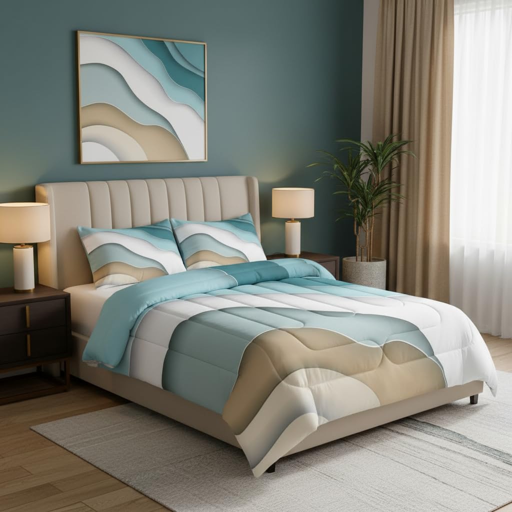 Abstract Ombre Comforter Set Ocean Waves Bedding Set Decor Blue Sea and Beach Quilt Set Tropical Summer Contemporary Duvet Insert Teens Kids Adults Room Decor 3pcs Queen Size