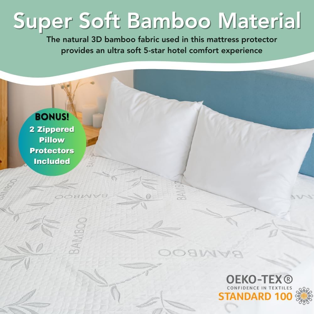 Bamboo Rayon Mattress Protector with Zipper + 2 Pillow Protectors - 100% Waterproof Cooling Full Size Cover - Ultra Soft Fabric Breathable Noiseless Mattress Pad Covers Zippered Encasement