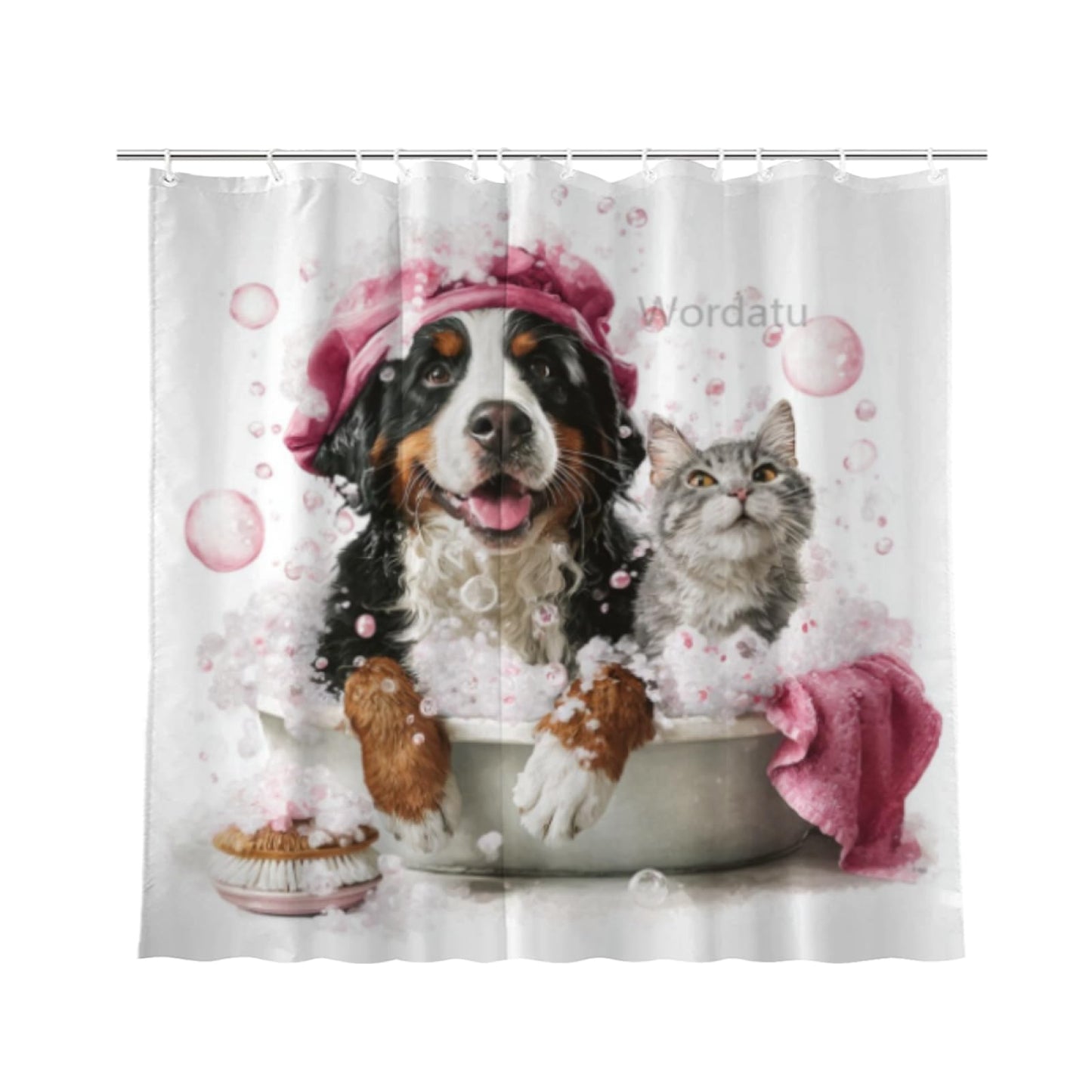 Wordatu Funny Bernese Mountain Shower Curtain Decor Fabric Bathroom Curtains, Kids Children Cartoon Waterproof 72x72 inch with 12 Hooks