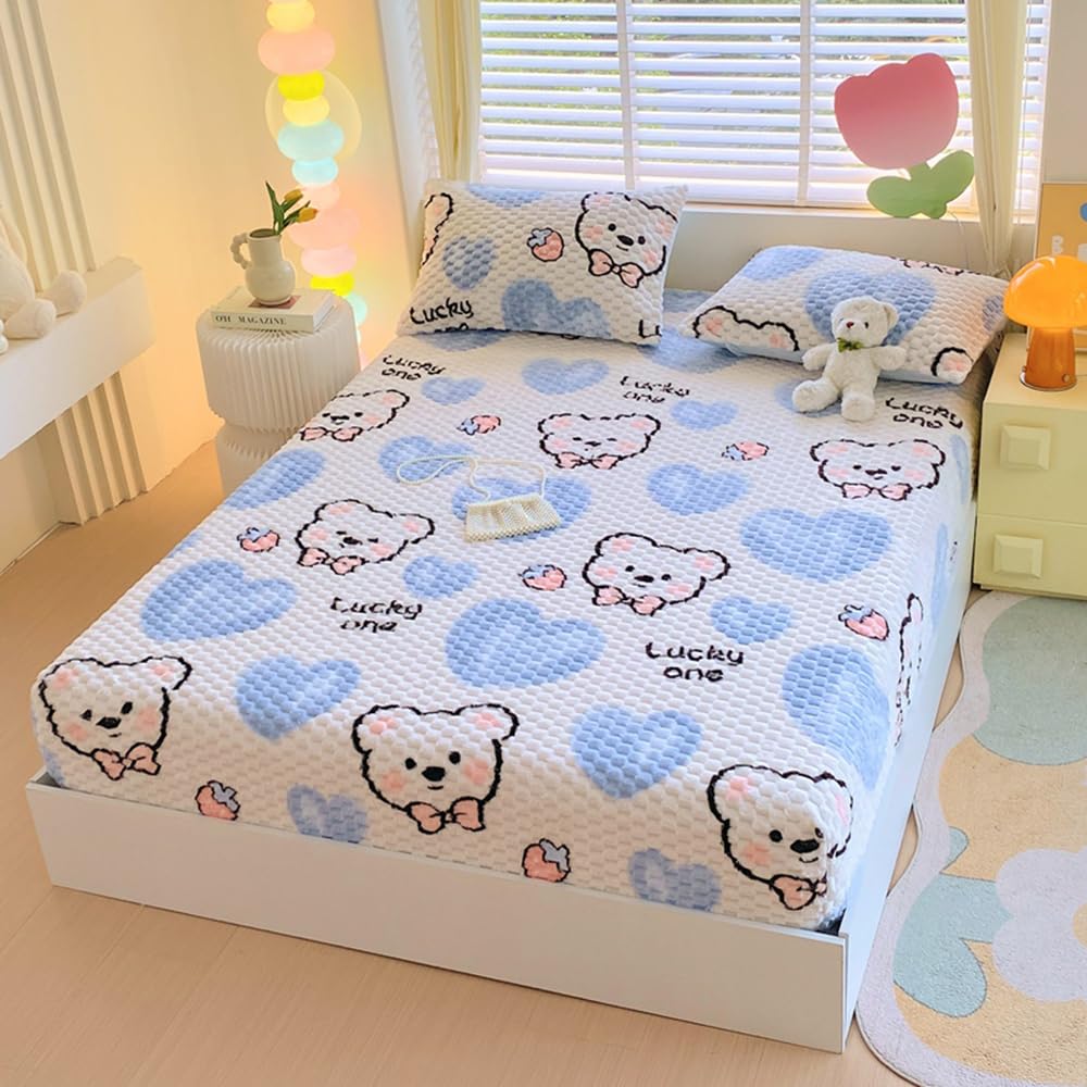 ZIQINPSQ Cozy Fleece Fitted Sheet Full Size - Ultra Soft Fuzzy Bed Sheets for Winter, Deep Pocket 15'' Velvet Plush Bottom Sheet Only (Anti-Static & Warm), Bear