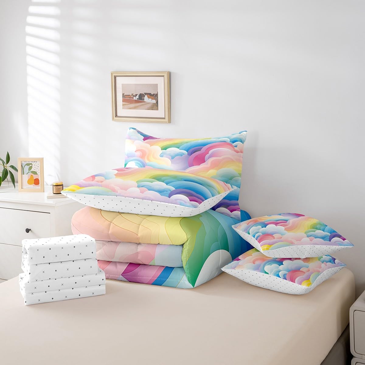 Erosebridal Girls Rainbow Full Bedding Sets 7-Piece Colorful Cloud Comforter Set Cartoon Kawaii Geometric Stripe Comforter Set with Sheets Pink Pastel Bed in A Bag Blue Pink Bed Sheets Set Cozy