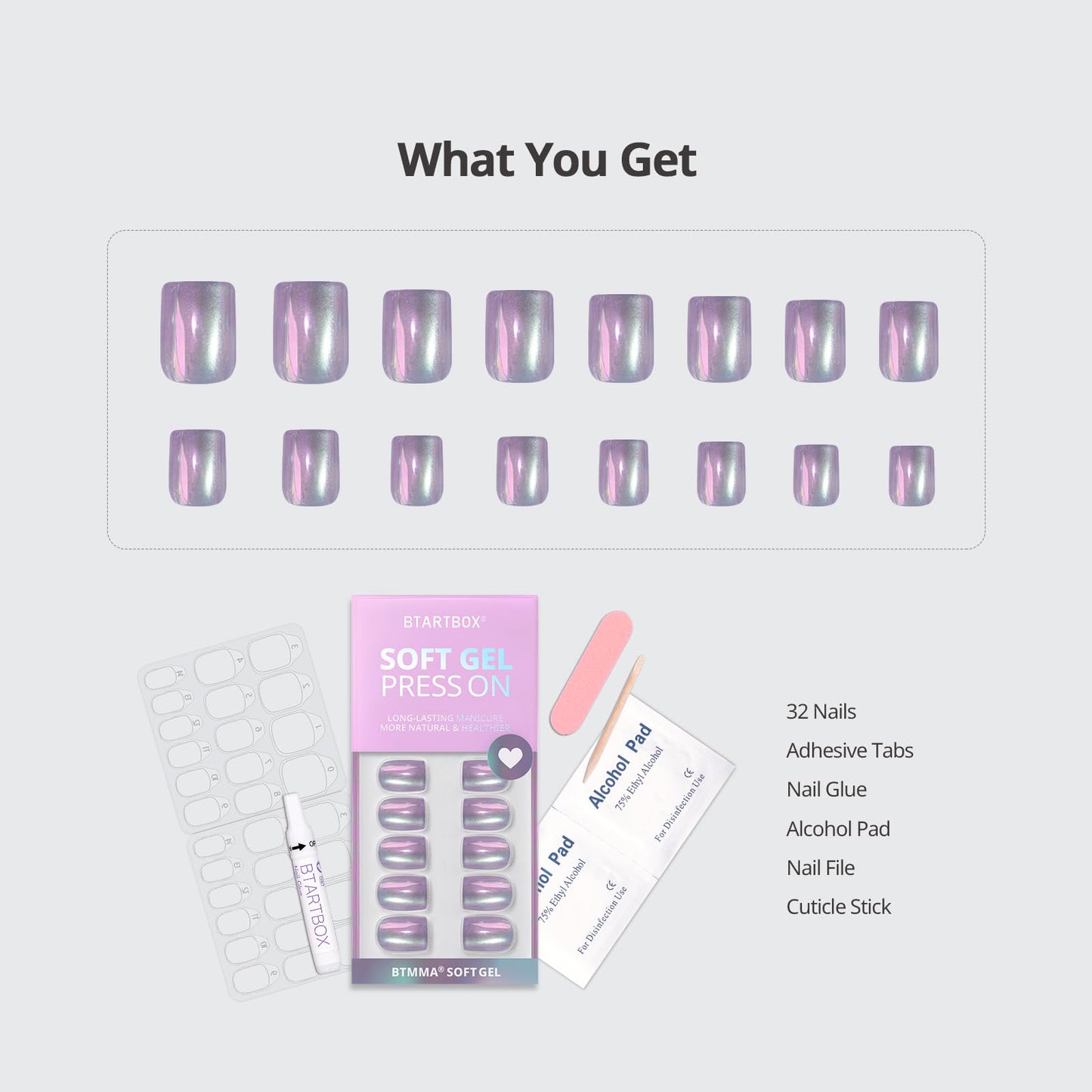 BTArtbox Press On Nails Short - Chrome Cat Eye Square Press On Nails with Glue for Women, Opaque Soft Gel Glue On Nails in 16 Sizes - 32 Stick On Nails Kit, Glass Ocean