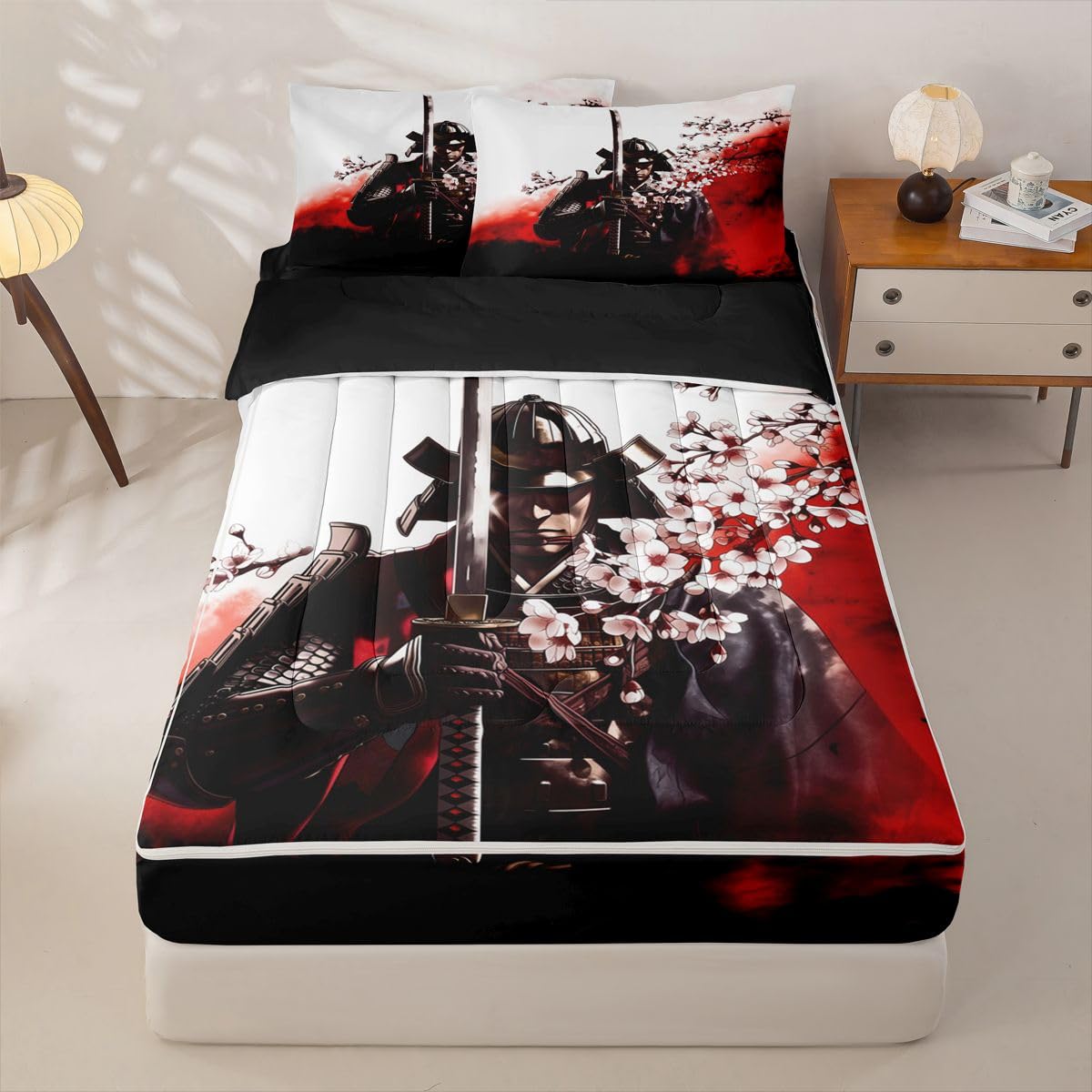 Erosebridal Japanese Samurai Zip Up Bedding Comforter Sets Twin Size, Japan Warrior Comforter in One Zipper - Cherry Blossom Bedding Set with Pillowcases