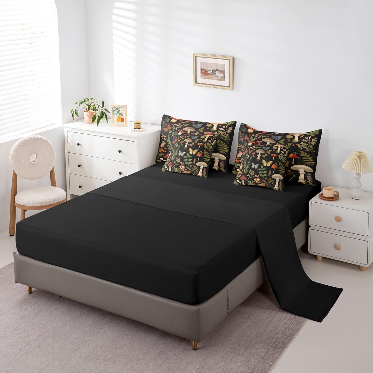 Erosebridal Mushroom Comforter Set Queen,Woodland Botanical Leaves Bedding Set 7Pcs for Kids Teens Adults,Butterfly Wild Safari Animal Bed in a Bag,Jungle Mushroom Print Quilt