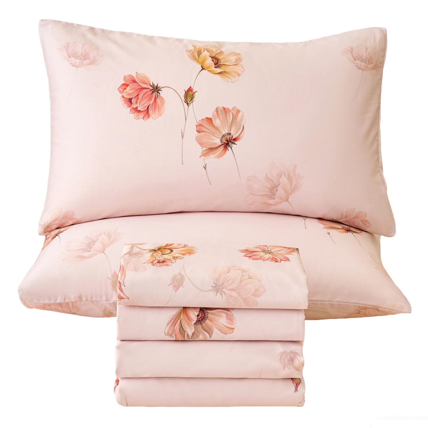 Huborise Blush Pink Floral Bed Sheets 100% Cotton Queen Size Sheet Set Satin Weave 4Pcs, Apricot Peach Flower Printed Bed Set with Deep Pocket 17.5", Soft Breathable & Crisp, Luxury French Country