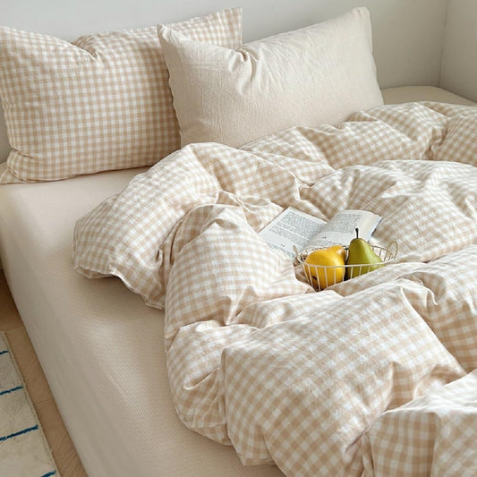 Erwinmu Gingham Comforter Set King Size - 3 Pieces Beige White Gingham Comforter Bedding Sets Checkered Pattern,Kingsize Bed in a Bag with Plaid Comforter and 2 Pillowcases