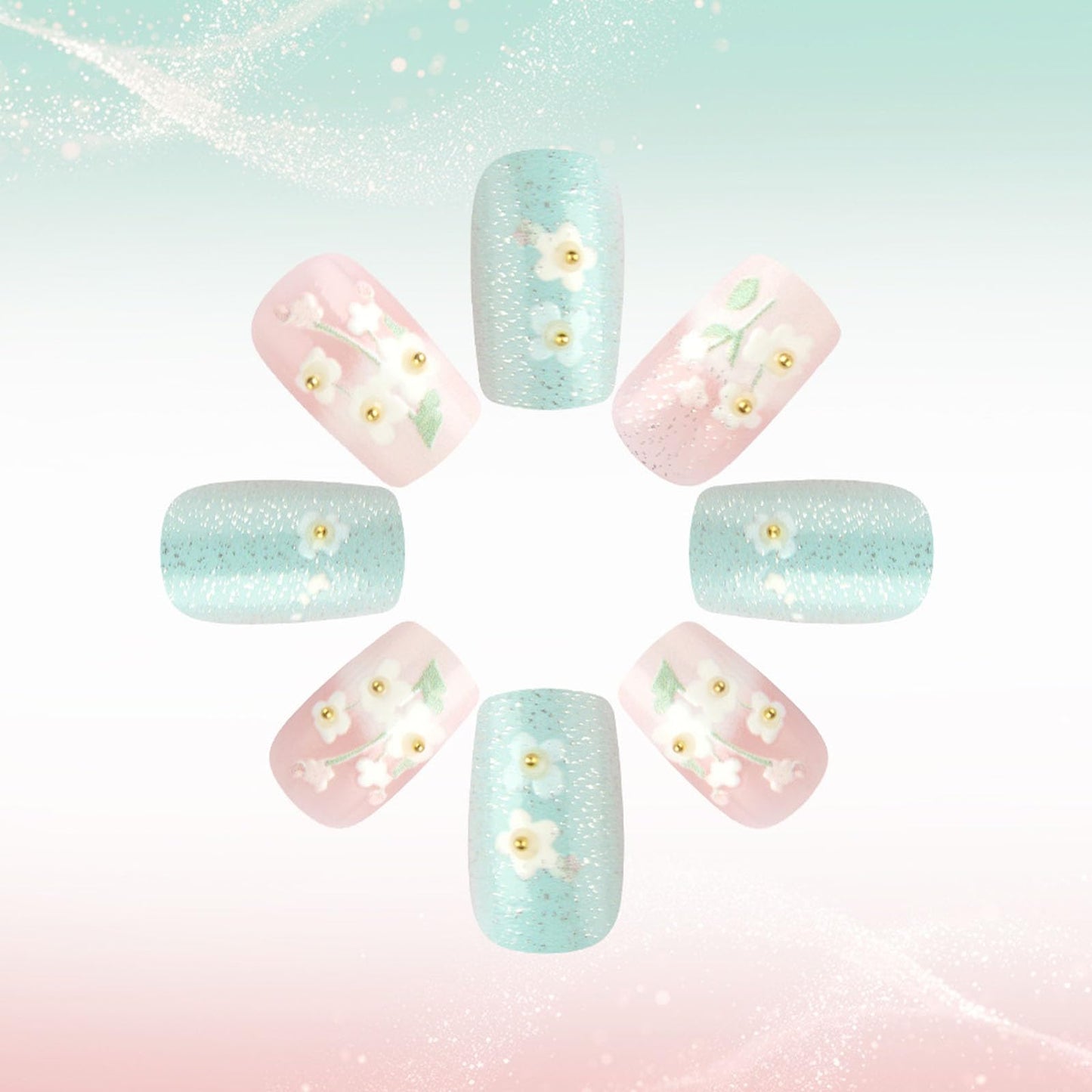 Medium Press on Nails Square White French Tip Fake Nails Blue Full Cover Nails Press ons Artificial Nails for Women 24Pcs with Flower Leaf Pearl Designs Light Pink Glue on Nails Glossy Stick on Nails