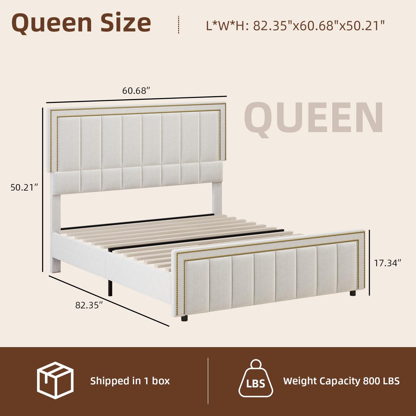 BarnFurin Queen Bed Frame with 50" Tall Headboard and Footboard, Chenille Upholstered Platform Bed, Vertical Channel Tufting with Nailhead Trim, No Box Spring Needed, Easy Assembly, Beige