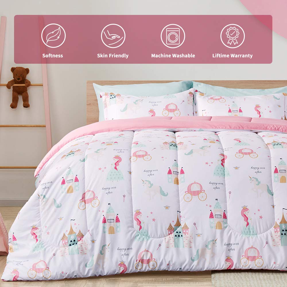 SLEEP ZONE Kids Twin Bedding Comforter Set - Super Cute & Soft Kids Bedding Bed in a Bag 5 Pieces Set with Comforter, Sheet, Pillowcase & Sham (Princess Castle)