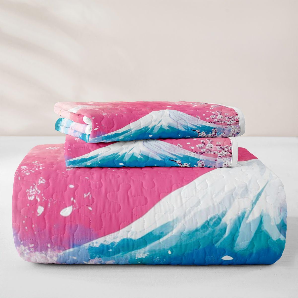 Erosebridal Pink Ocean Waves Quilts Twin Size - Japanese Style Bedspread Coverlet Set, Japanese Cherry Blossom Fuji Mountain Quilt Coverlets 2Pcs (Only 1 Pillowcase)