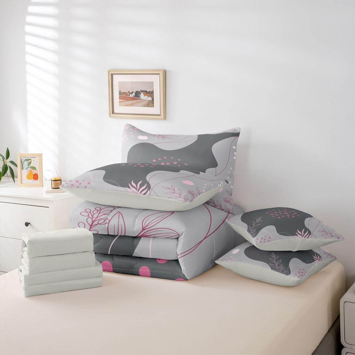 Erosebridal Grey and Pink Twin Comforter Set with Sheets Boho Mid Century 7 Piece Bedding Set Modern Abstract Bed in a Bag, Geometric Lines Room Decor
