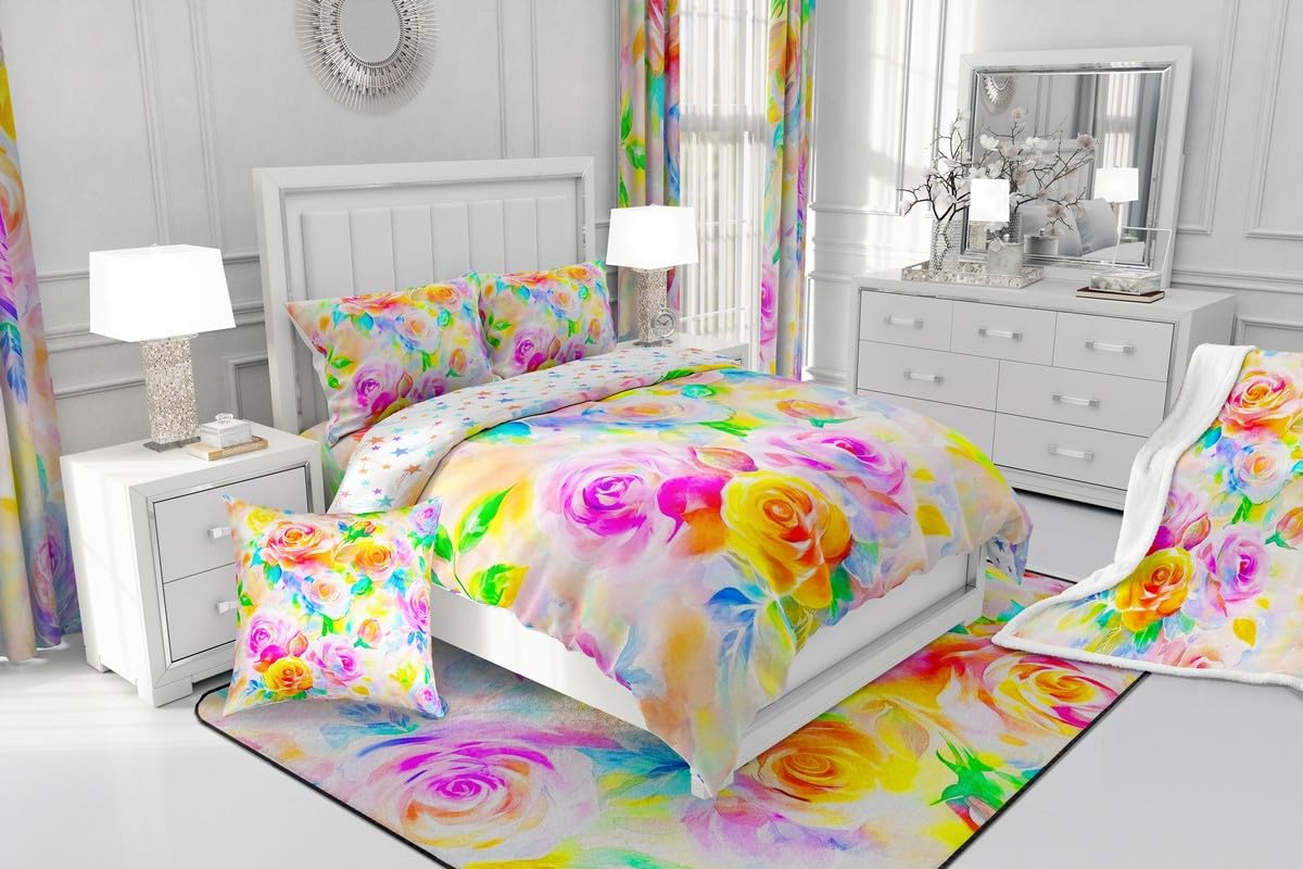 Feelyou Rose Flower Bedding Sheets Girls Women Like Full Yellow Purple Flower Bed Sheet Set Garden Flower Fitted Sheet Pretty Botanical Bed Cover 3Pcs,1 Fitted Sheet+2 Pillow Sham（No Flat Sheet）