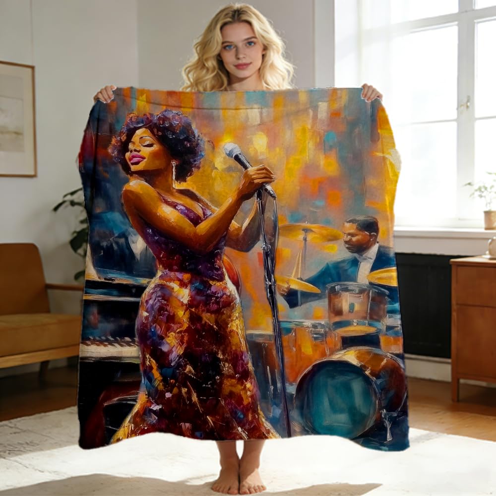 ZHOUSHUTONG African American Music Throw Blanket Black Music Print Super Soft Warm Cozy Flannel Blanket for Couch Bedroom Office Home Decor Gift for Music Lovers 49"x59"