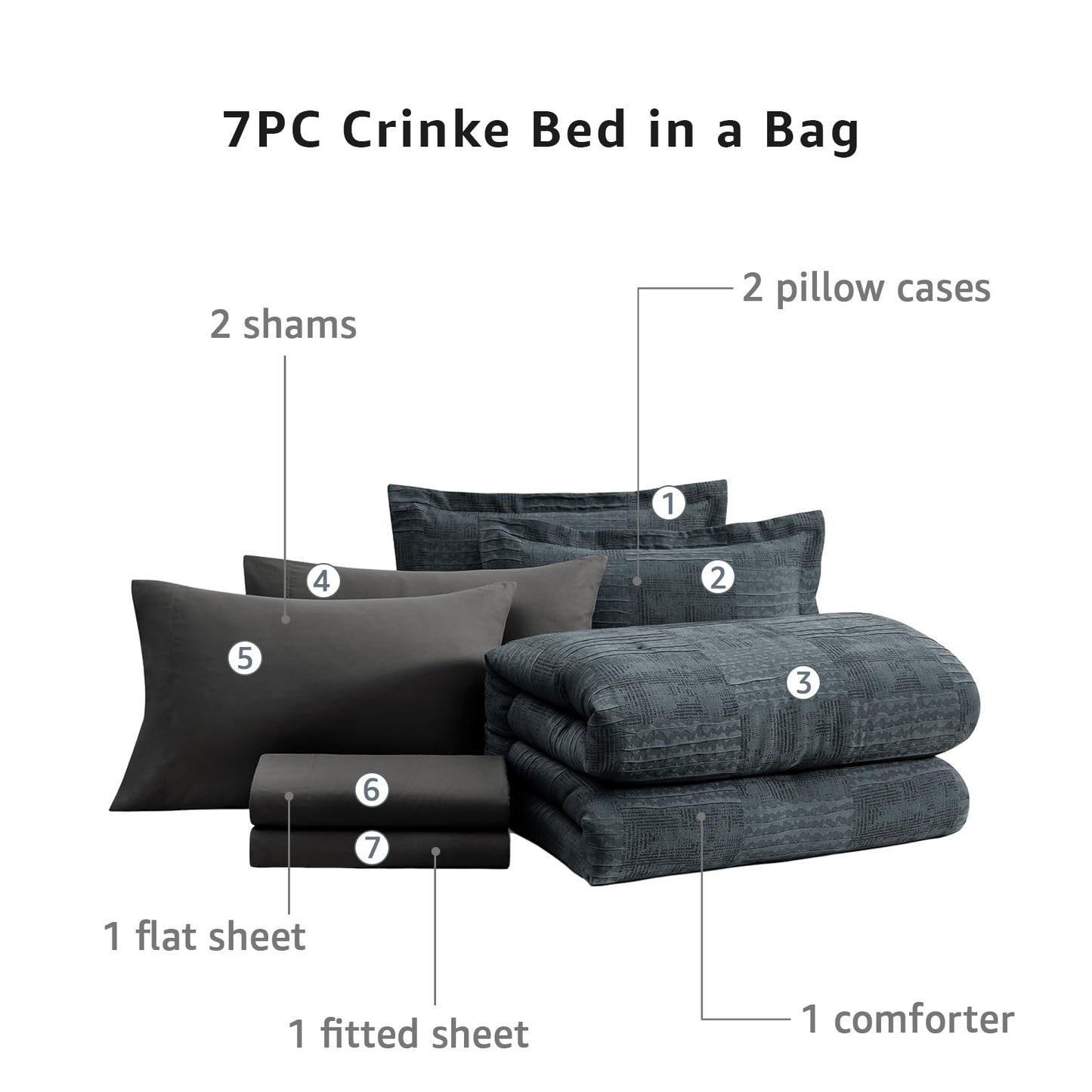MaiRêve Queen Comforter Set Blue Grey, Textured Design Crinkle Bedding Sets 7 Pieces, All Season Bed in A Bag with Comforter, Sheets, Pillowcases & Shams