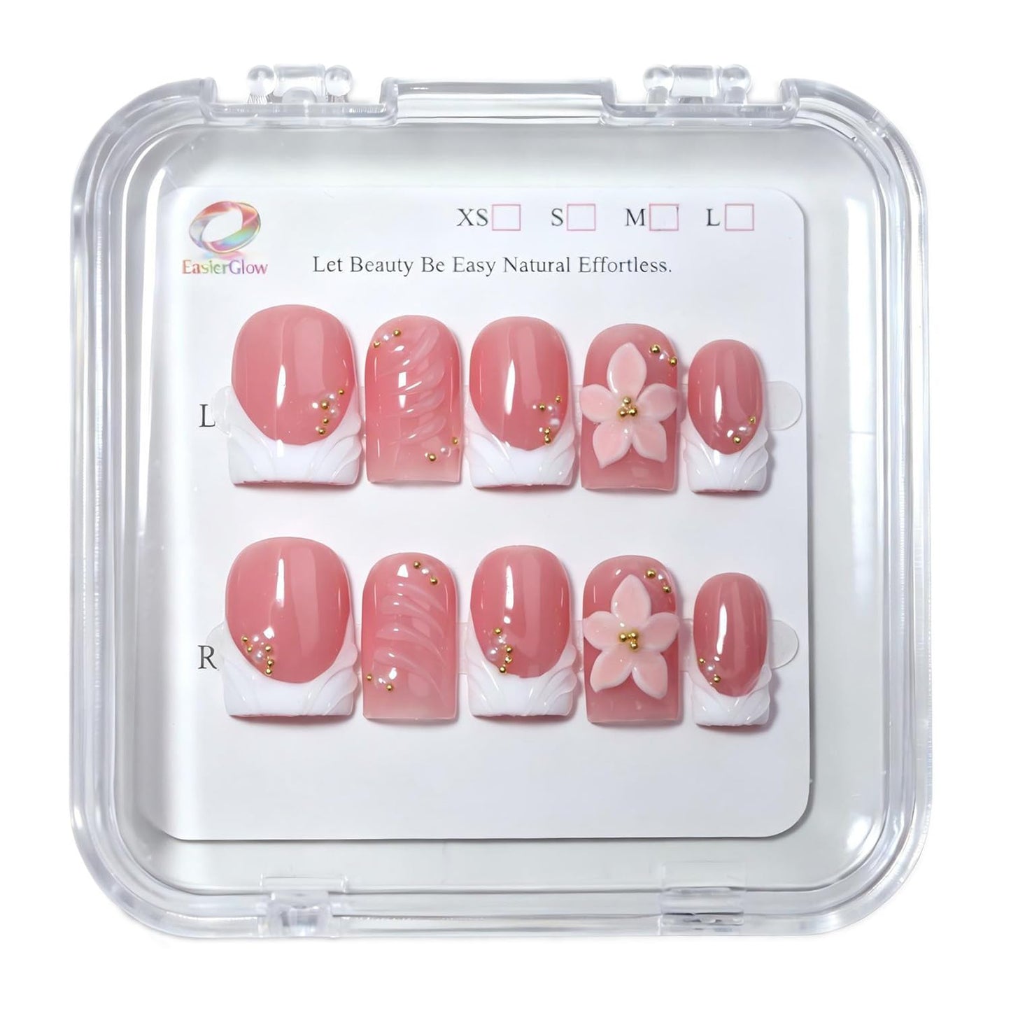 EasierGlow 10Pcs Handmade Short Square Press On Nails | Easy Apply & Remove, Reusable Salon Quality Nails | Pink Press Ons with White French Tips, 3D Floral & Gold Bead Accents (Y213, S)