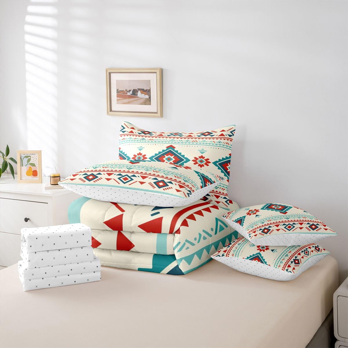 Erosebridal Aztec 7 Piece Bedding Set Queen Geometric Comforter Set with Sheets Diamond Boho Tribal Striped Art Bed in a Bag Cartoon Southwestern Ethnic Style for Teens Men Women