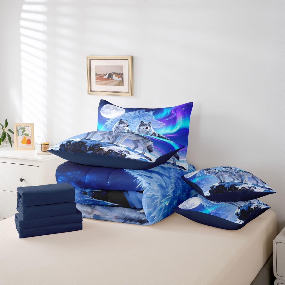 Feelyou Wolf Comforter Set with Sheets 7 Piece Queen Size Wolves Howling Bed in a Bag Kids Boys Girls Western Farmhouse Bedding Set Wild Animal Bedroom Decor Breathable Soft Microfiber