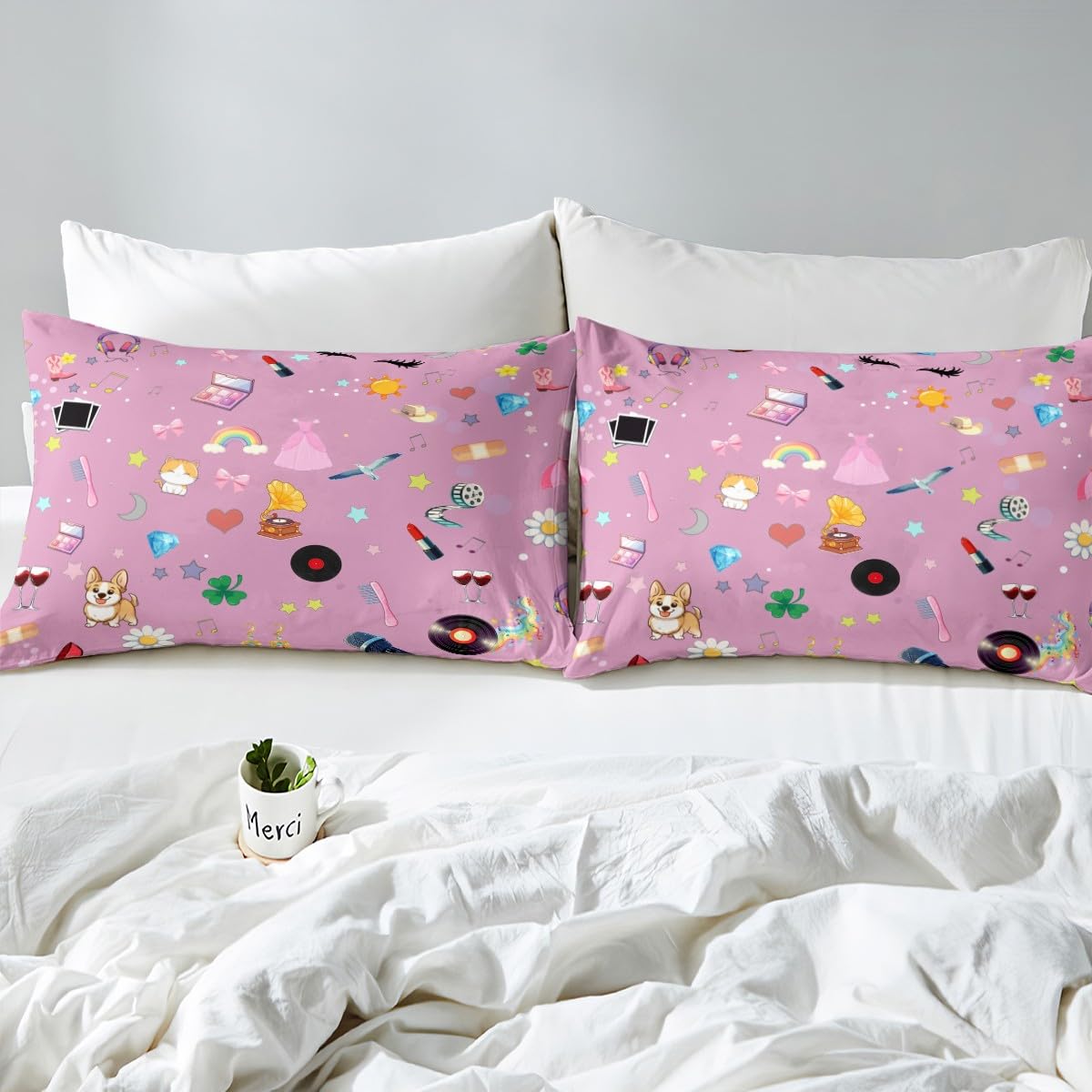 Erosebridal Music Theme Bed Sheets Set King Girls Pop Singer Sheet Set for Kids Women Fashion Guitar Lipstick Sheets Snake Flower Flat Fitted Sheet Microfiber Pink Gift for Music Fans Friend
