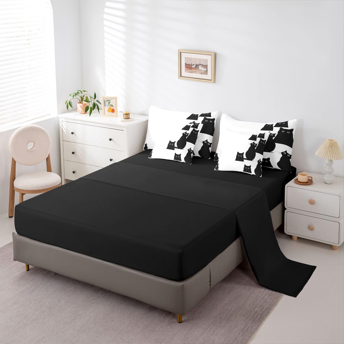 Erosebridal Cute Black Cat 7-Piece Bedding Set Full Size for Boys Girls - Kids Kawaii Cats Bed in a Bag Funny Black Cats Comforter Set with Sheets for Cat Lovers Kawaii Kitten Animal Duvet Insert