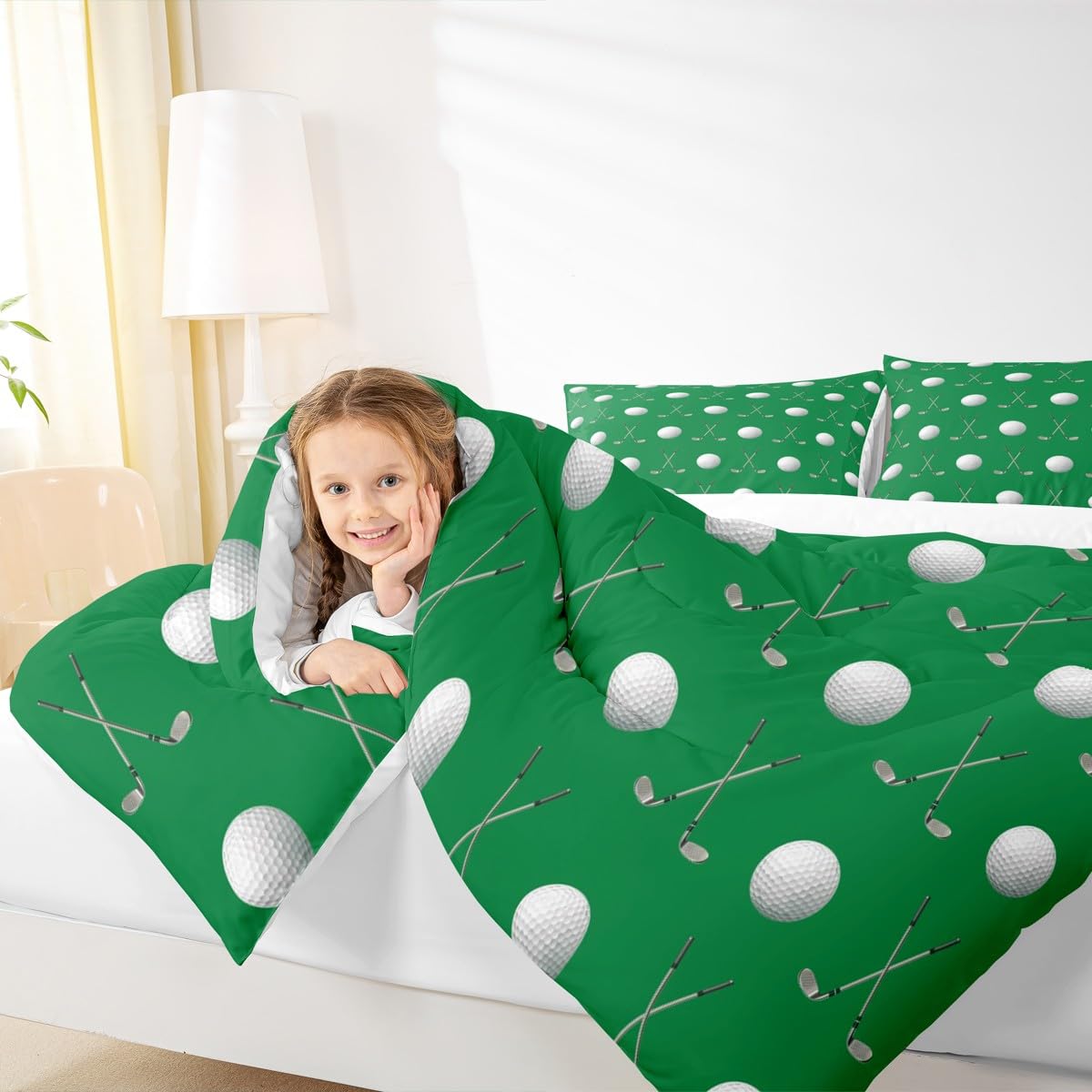 Homewish Golf Ball Comforter Set,Golf Sports Game Bedding Set for Kids Girls Women,Adults Green White Comforter,Ball Sports Quilted Duvet Set Bedroom Collection Twin Size 2Pcs