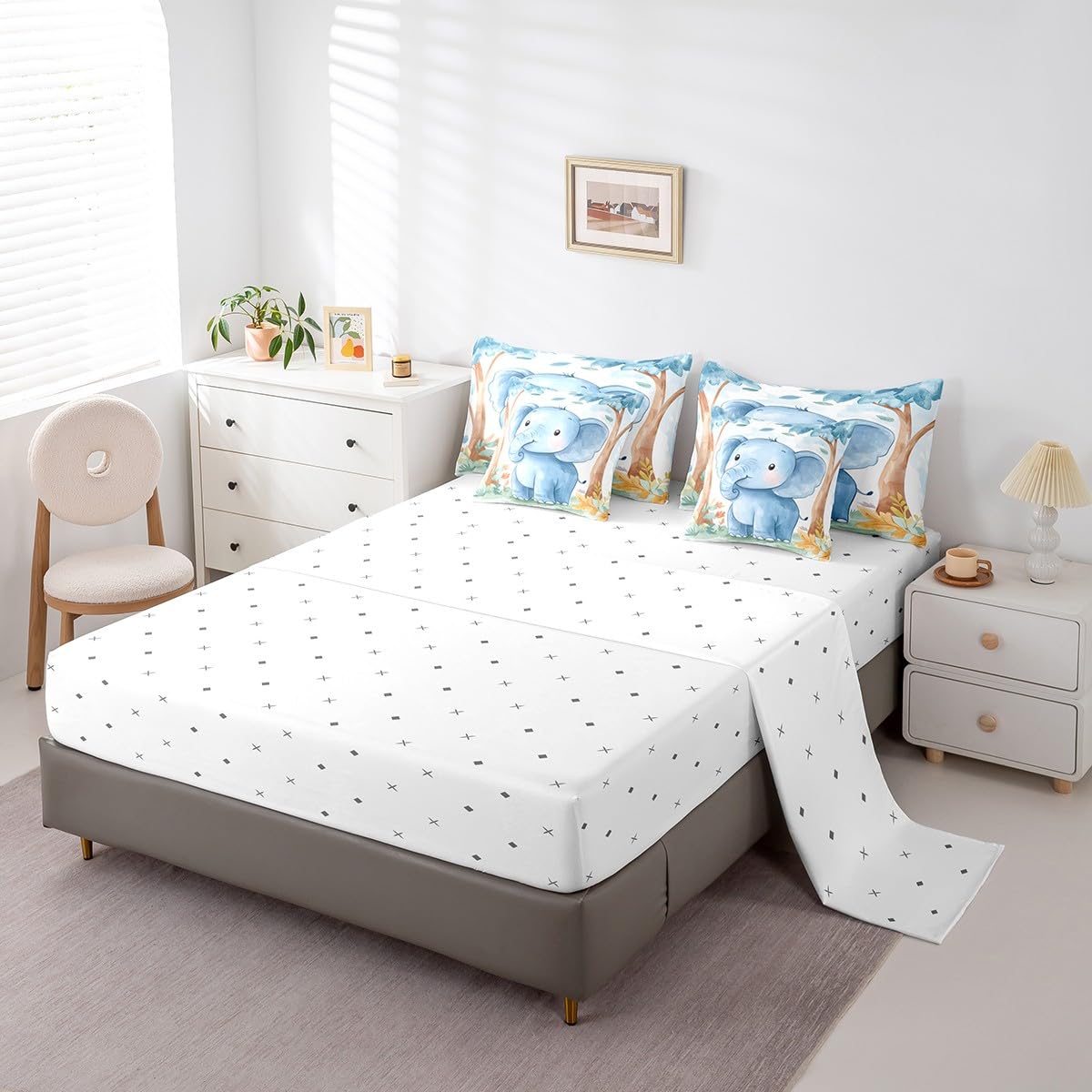 Erosebridal Kawaii Elephant Twin Size Comforter Set with Sheets Kids | Cartoon Safari Wild Print 7-Piece Bedding Set Watercolor Green Eucalyptus Bed in a Bag African Jungle Animal Bed Quilt Sets