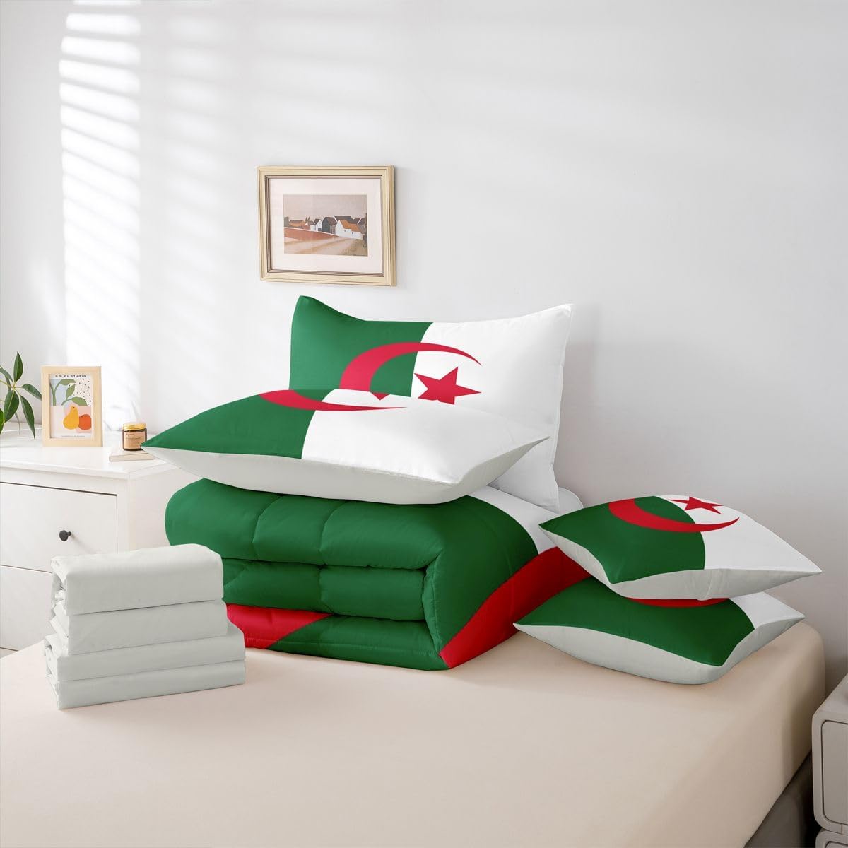 Feelyou Flag of Algeria Comforter Set King SizeAlgerian 7 Pcs Bedding for Kids and AdultsInternational Flag Boys Girls Bed in a Bag Bed Sheet Sets with Fitted Sheet Pillowcases for Bedroom Bed Decor