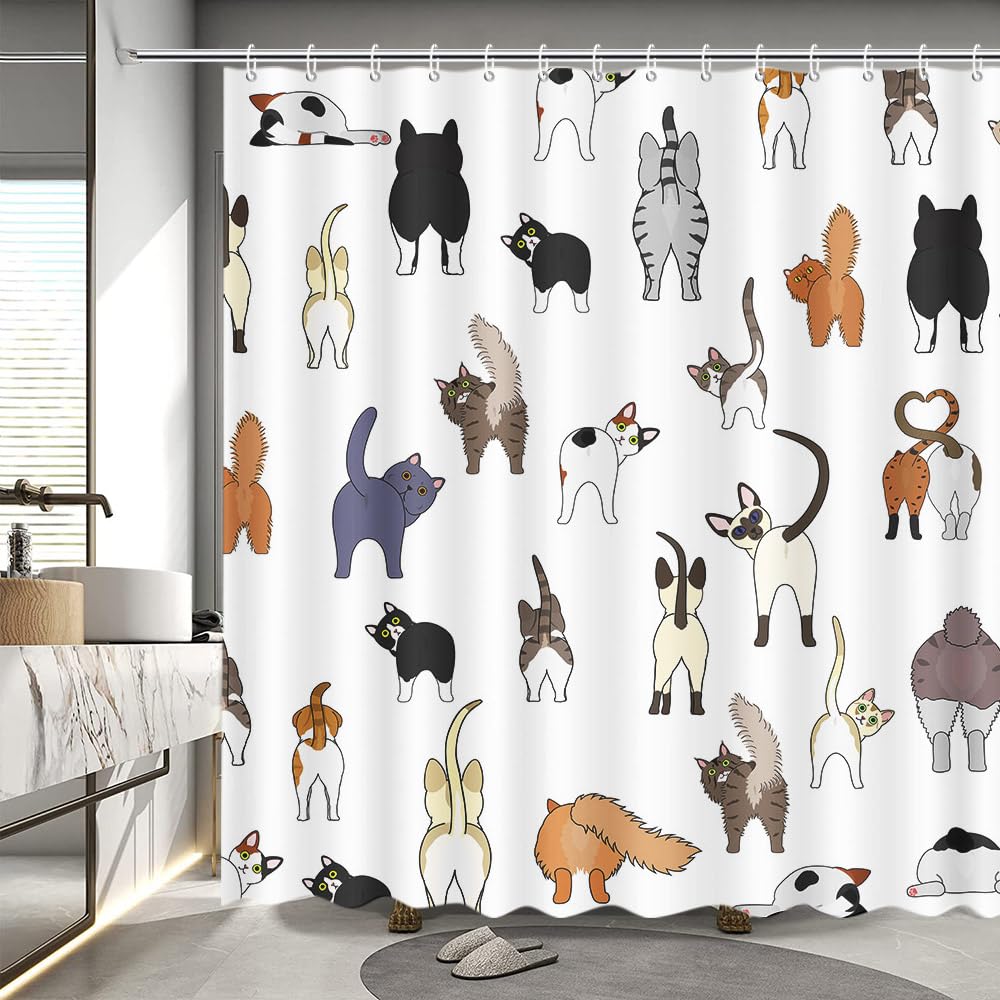 MEHOFOND Funny Cat Shower Curtain Cats Shower Curtain for Bathroom with Pets Paw for Cat Lovers Cute Cartoon Colorful Waterproof Fabric Bath Curtain with 12 Hooks 72x72 Inch