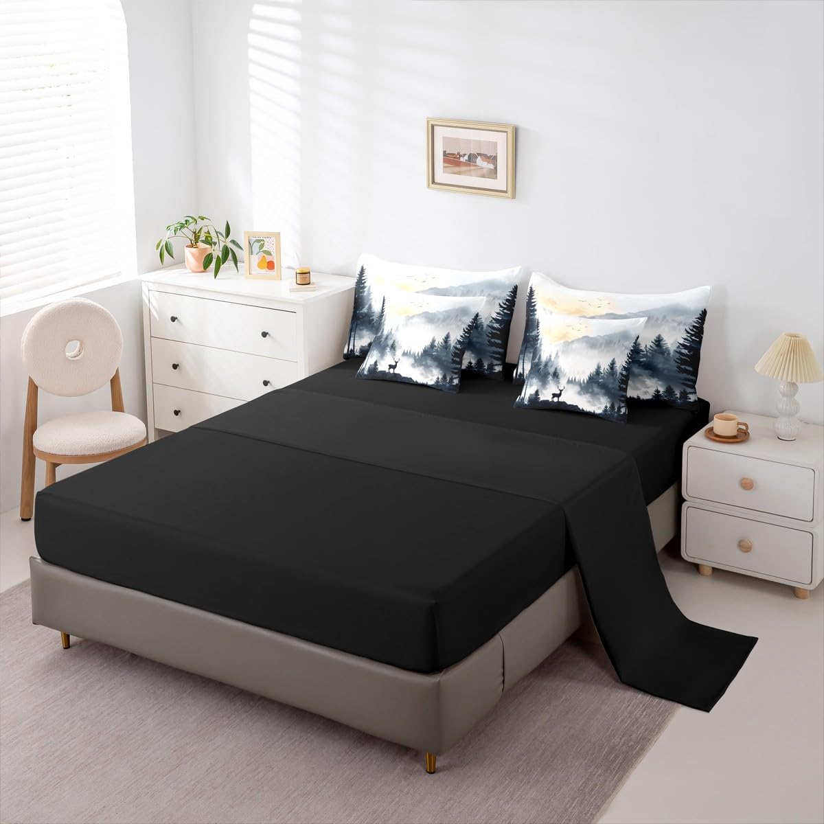 Erosebridal Sunrise 7 Piece Bedding Set Twin Reindeer Comforter Set with Sheets Elk Landscape Mountain Natural Bed in a Bag Woods Smoke Fog Deer Birds for Kids Boys Girls