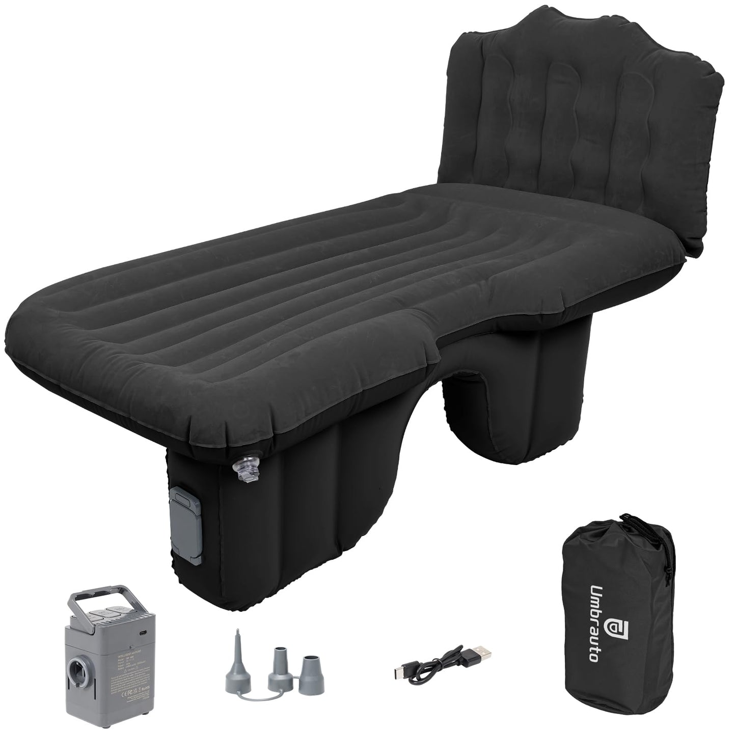 Umbrauto Back Seat Car Air Mattress: Cordless Inflatable SUV Car Camping Bed for Truck Van with Built-in Air Pump, Thickened Double-Sided Flocking Travel Car Sleeping Pad