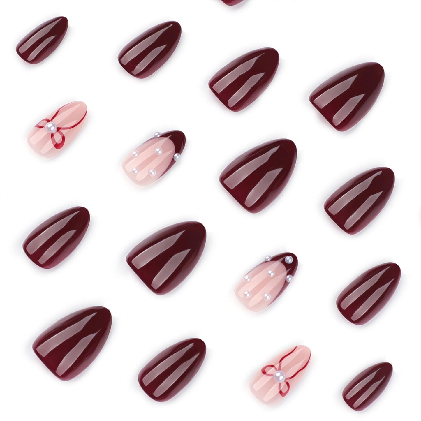 French Tip Press on Nails Short Almond Fake Nails Wine Red Rhinestone Bow Design Stick on Nails Full Cover Reusable Glue on Nail Women Manicure 24Pcs