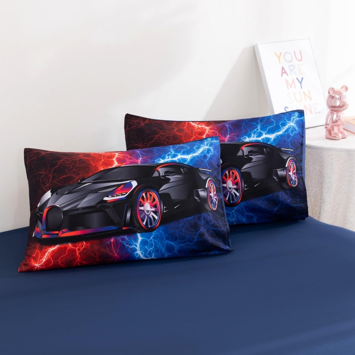 Podol 5 Pieces Race Car Comforter Set Full Size Red and Blue Sports Car Bedding Sets for Boy Tie Dye Lightnings Bed in a Bag with 1 Comforter, 2 Pillowcases, 1 Flat Sheet and 1 Fitted Sheet