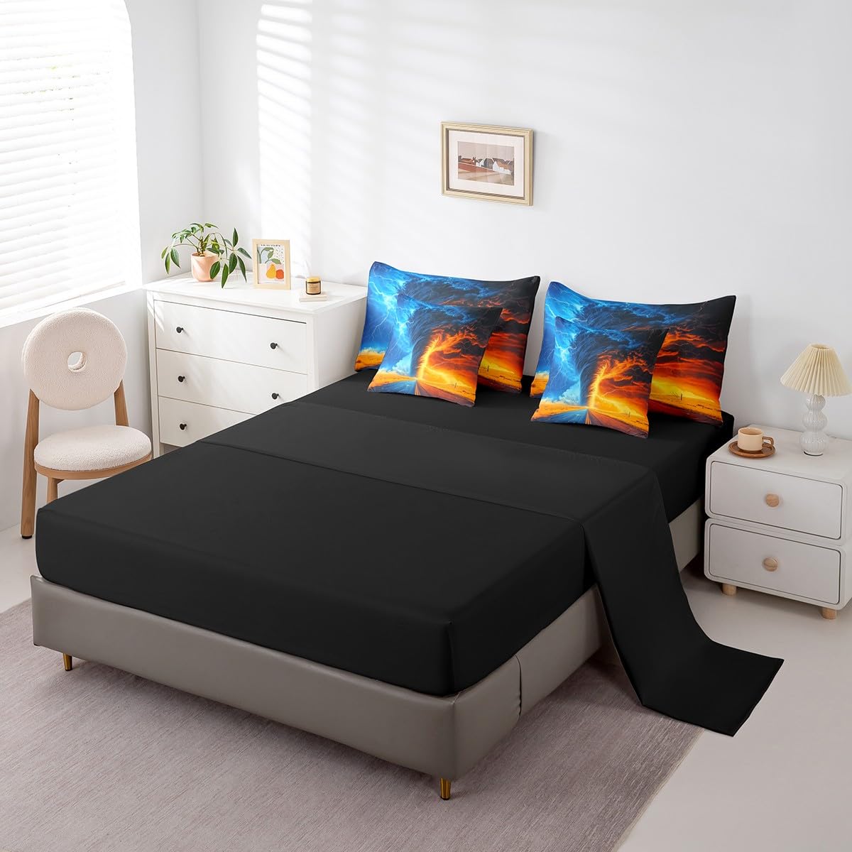 Erosebridal Ice Fire Tornado Comforter Set Queen,Orange Blue Lightning Bedding Set for Kids,Nature Weather(Comforter+Fitted+Flat Sheet+2 Pillowcases+2 Pillow Covers),Natural Disaster 7 Pcs Bed Set