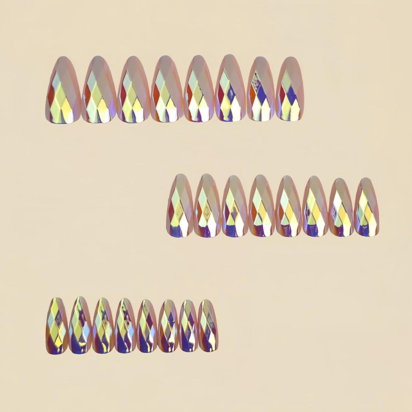RUOKEXIN Almond Press on Nails Medium Length Fake Nails Pink False Nails with 3D Rhombus Designs Chrome Nail Press ons Sparkly Artificial Nails for Women 24Pcs