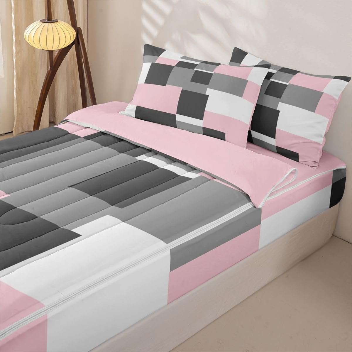 jejeloiu Abstract Zipper Bedding Twin Pink Bedding Sets for Kids Boys Girls Modern Art Comforter Set with Fitted Sheet 2 Pillowcases One Zipper Bed Set for All Seasons
