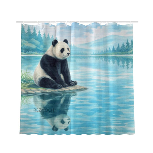 REZHOCH Funny Panda Shower Curtain 72x72Inch,Lake Mountain Landscape Watercolor Bath Set,Cute Animal Scenic Forest Nature Waterproof Fabric Home Bathroom Decor with Hooks
