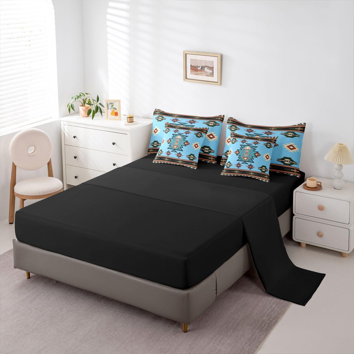 Erosebridal Western Comforter Set 7-Piece Bed in a Bag Twin | Southwest Native Geometric Bedding Sets Exotic Nordic Style Aztec Comforter and Sheet Set, Sriped Diamond Triangle Room Decor,Cyan