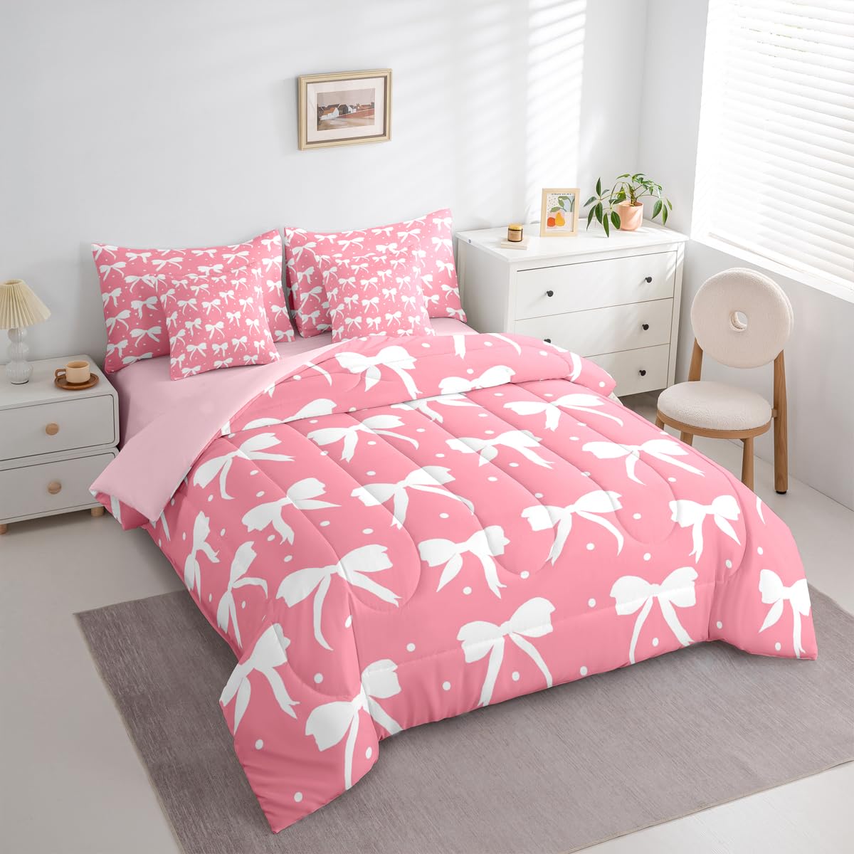 Feelyou Bow Comforter Set with Sheets 7 Piece Queen Size Cute Bowknot Bedding Set for Kids Boys Girls Princess Style Bed in a Bag Pink and White Room Decor Kawaii Soft Lightweight Microfiber