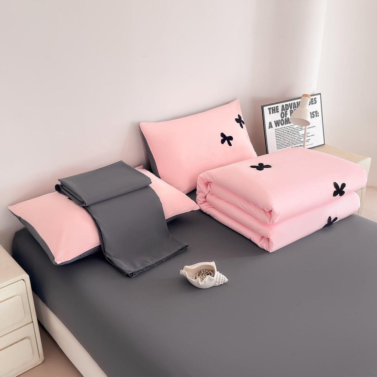 Tailor Shop Twin Comforter Set for Girls 5 Pieces Tufted Chenille Bowknot Embroidery Grey Comforter Pink Bedding Twin Girls Comforter